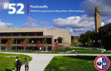 Using Market research University of Detroit Mercy campus grew to a national ranking of #52 via Wall Street Journal 2024, students walking towards Public Safety building, and university emblem in the corner.